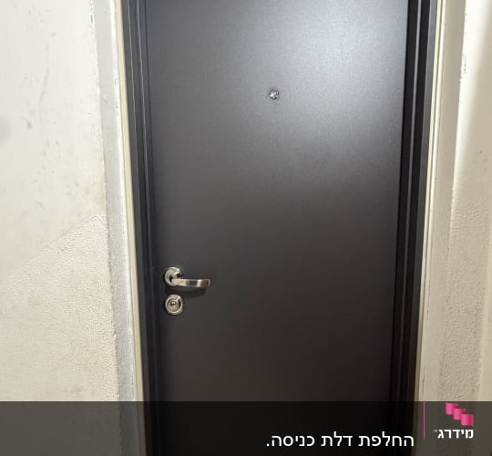 דלת מתכת כהה עם ידית כסופה